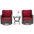 US GARVEE 3 Pieces Rattan Swivel Rocking Chair Outdoor, Patio Bistro Conversation Furniture Set, Wicker Chair with Cushions and Table - Red-Encrypted Rattan