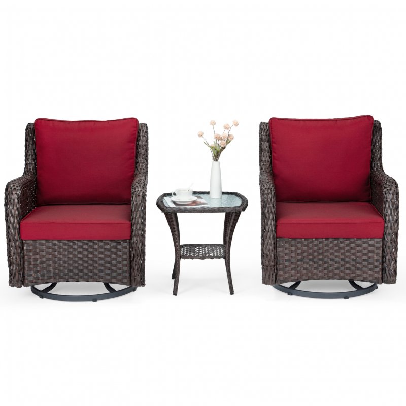 US GARVEE 3 Pieces Rattan Swivel Rocking Chair Outdoor, Patio Bistro Conversation Furniture Set, Wicker Chair with Cushions and Table - Red-Encrypted Rattan
