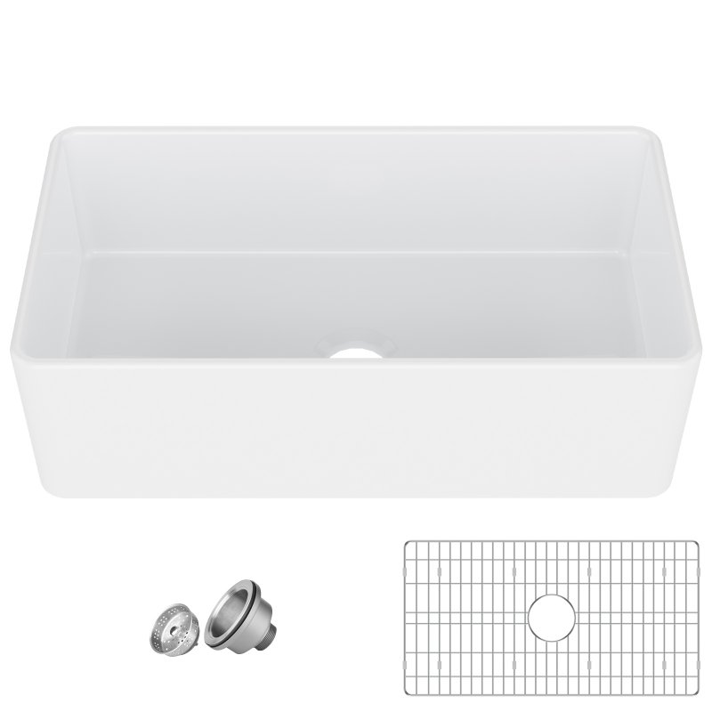 US GARVEE 33 Inch Fireclay Farmhouse Sink, Deep Single Bowl, Durable Ceramic Porcelain, Bottom Grid & Strainer, Kitchen