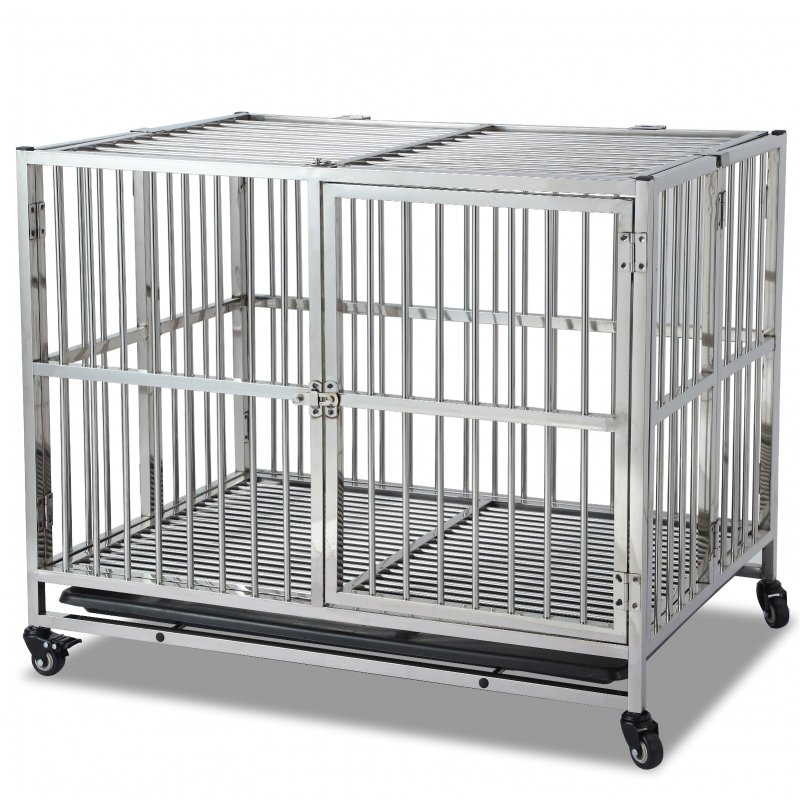 US GARVEE 38 Inch Heavy Duty Dog Crate with Wheels Full Stainless Steel Double Door Removable Tray