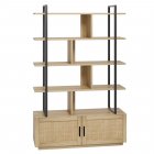 US GARVEE 5 Tier Rattan Bookshelf with Storage Cabinet & Door, 71.1 Inch Tall, Industrial, MDF & Metal Frame, Anti-Tip, Adjustable Feet, Easy Assembly, Living Room, Bedroom