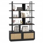 US GARVEE 5 Tier Rattan Bookshelf with Storage Cabinet & Door, 71.1 Inch Tall Industrial Book Shelf, Metal Frame, Anti-Tipping, Easy Assembly