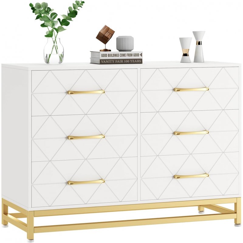 US GARVEE 6-Drawer Dresser TV Stand Wood Chest with Metal Handles, White Finish, for Bedroom, Living Room, Hallway, Office, White