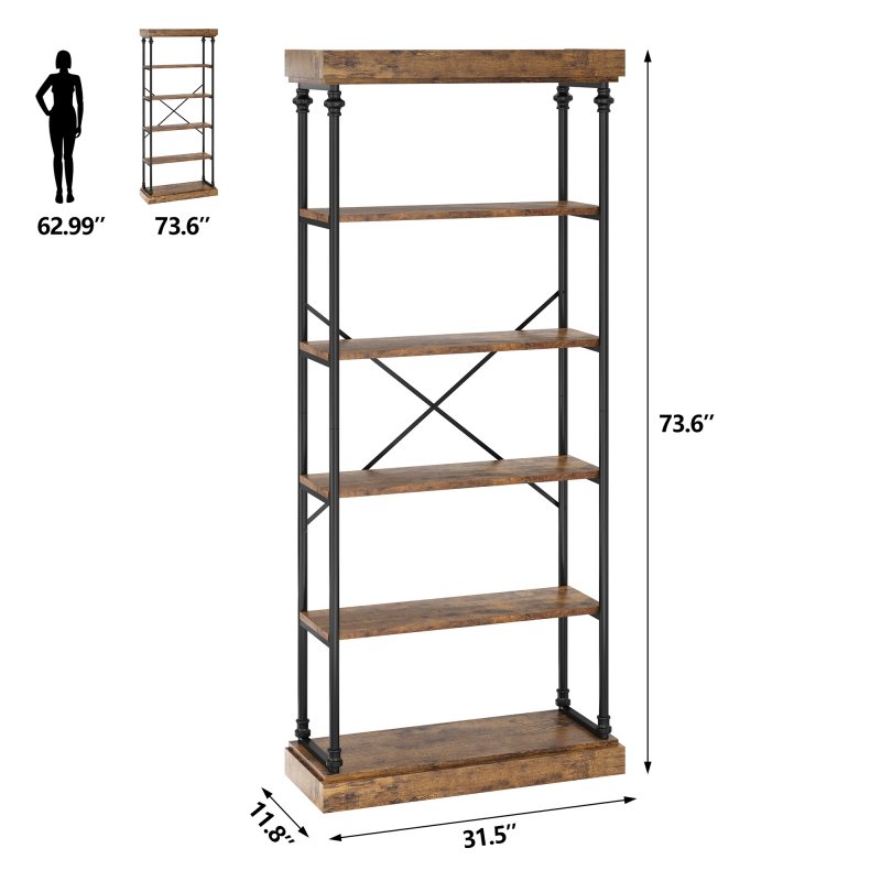 US GARVEE 6 Tier Industrial Bookshelf Wood Storage Rack, Metal Frame, Elegant Vintage Style, Stable & Durable, Multi-Functional, Easy Assembly, Ideal for Living Room, Bedroom, Home Office