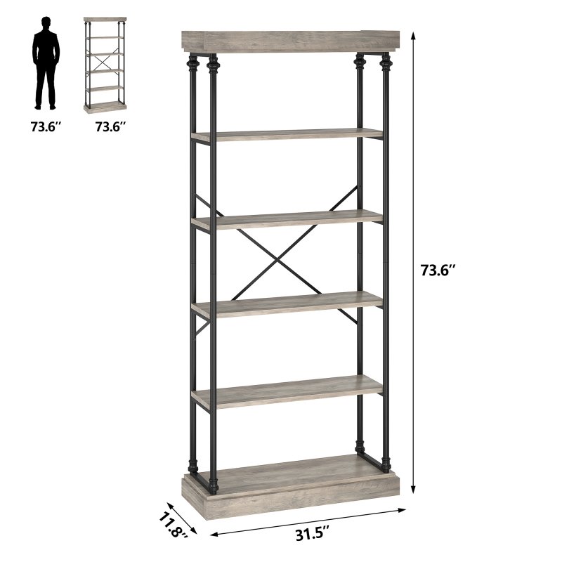 US GARVEE 6 Tier Industrial Bookshelf Wood Storage Open Rack Metal Frame Rustic Tall Standing Bookcase for Bedroom, Living Room, Home Office