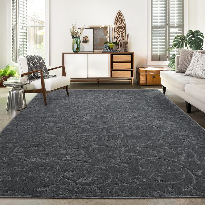 US GARVEE 8x10 Area Rug Modern Shag Rugs for Living Room Solid Grey Thick Fluffy Throw Carpet Floral Plush Area Rug Ultra Soft Floor Carpet for Bedroom Indoor Non-Slip Area Rug Home Office Floor Decor