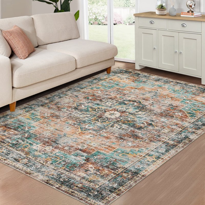 US GARVEE 8x10 Area Rug Vintage Distressed Machine Washable Area Rug for Living Room Bedroom Traditional Medallion Floral Non-Slip Stain Resistant Accent Rug Carpet for Home Decor, Teal/Multi