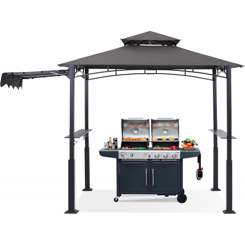 US GARVEE 8x5FT Double Tiered Grill Gazebo, Outdoor BBQ Gazebo Shelter with LED Light & Extra Shadow for Barbecue and Picnic, Grey