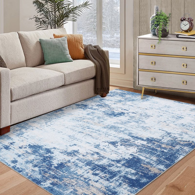 US GARVEE 9x12 Area Rug Large Modern Abstract Machine Washable Area Rug for Living Room Contemporary Non-Slip Stain Resistant Accent Rug Carpet for Dining Room Office Bedroom Decoration, Blue