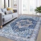 US GARVEE 9x12 Area Rug Large Vintage Distressed Machine Washable Area Rug for Living Room Traditional Medallion Non-Slip Stain Resistant Accent Rug Carpet for Home Decor Floor Decoration, Blue