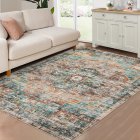 US GARVEE 9x12 Area Rug Vintage Distresse Machine Washable Area Rug for Living Room Bedroom Traditional Medallion Floral Non-Slip Stain Resistant Accent Rug Carpet for Home Decor, Teal/Multi