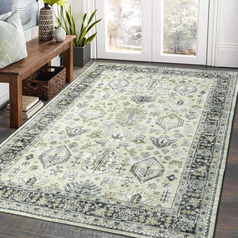 US GARVEE 9x12 Rug for Living Room Washable Rug Non Slip Boho Rug Floor Mats Throw Rugs for Dining Room Oriental Carpet Stain Resistant No Shedding Classroom Office Rug 9'x12' Sage Green/Grey