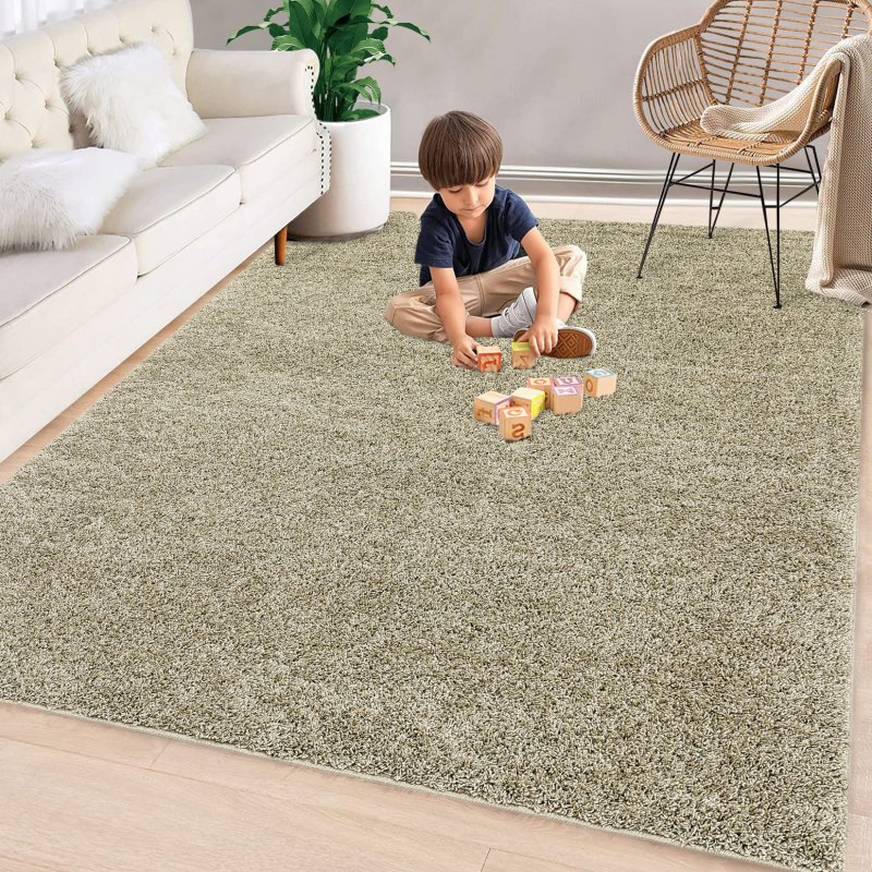 US GARVEE Area Rug 8x10 Shag Rug Large Shaggy Living Room Rug Soft Thick Bedroom Carpet Indoor Modern Solid Throw Rug Non Slip Non Shed Decor Mat Dining Room Kitchen Nursery Stain Resistant Rug,Natural