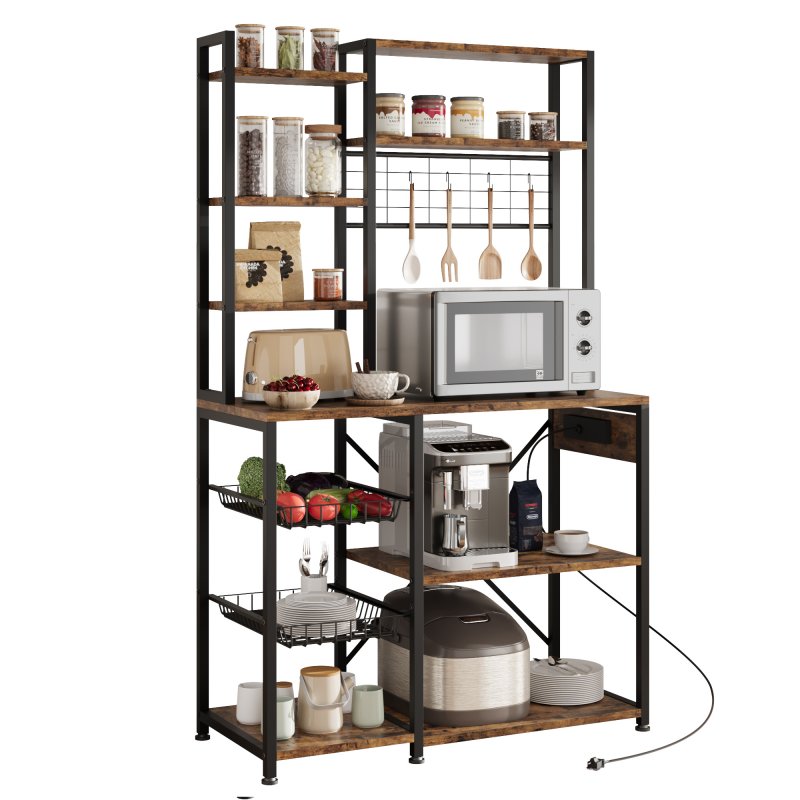 US GARVEE Baker Rack with Power Outlet, Kitchen Bakers Rack with 2 Wire Basket, Microwave Stand with Large Open Storage Shelves, 7-Tier Freestanding Utility Storage Shelf, Retro Brown