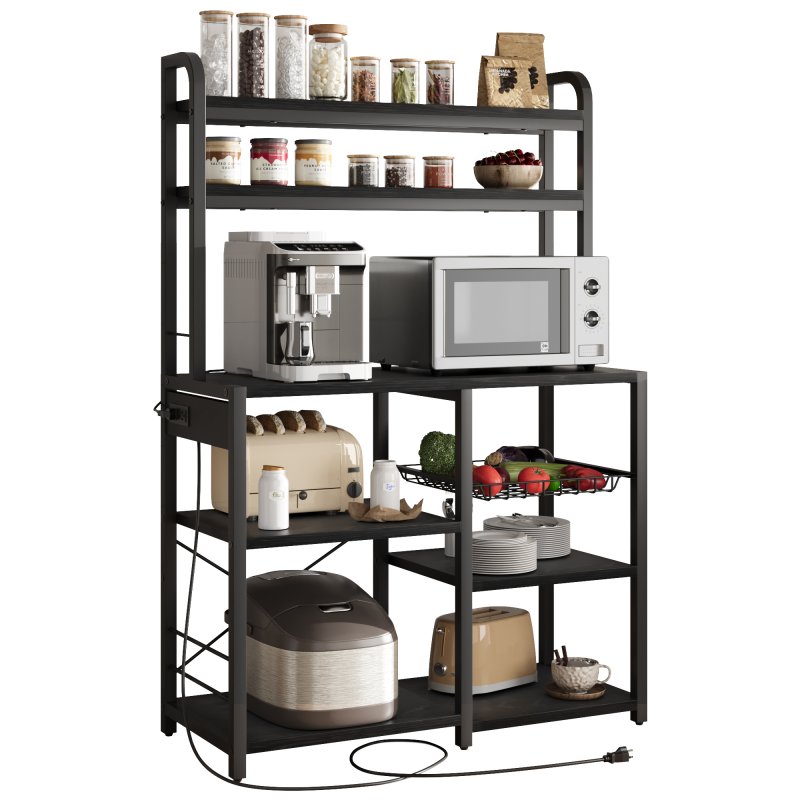 US GARVEE Bakers Rack with Power Outlet, 6-Tier Storage, MDF and Steel, Adjustable Feet, Anti-Tip Kit, for Kitchen and Dining