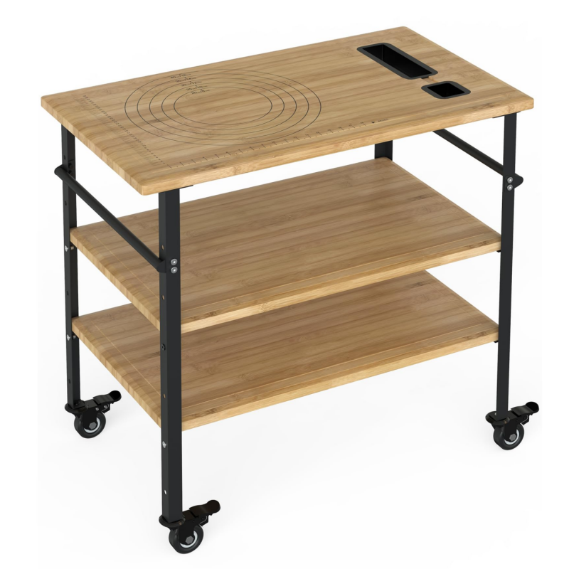 US GARVEE Bamboo Wood Prep Cart Table for Pizza Making Built-in Pizza Size Movable Serving Cart