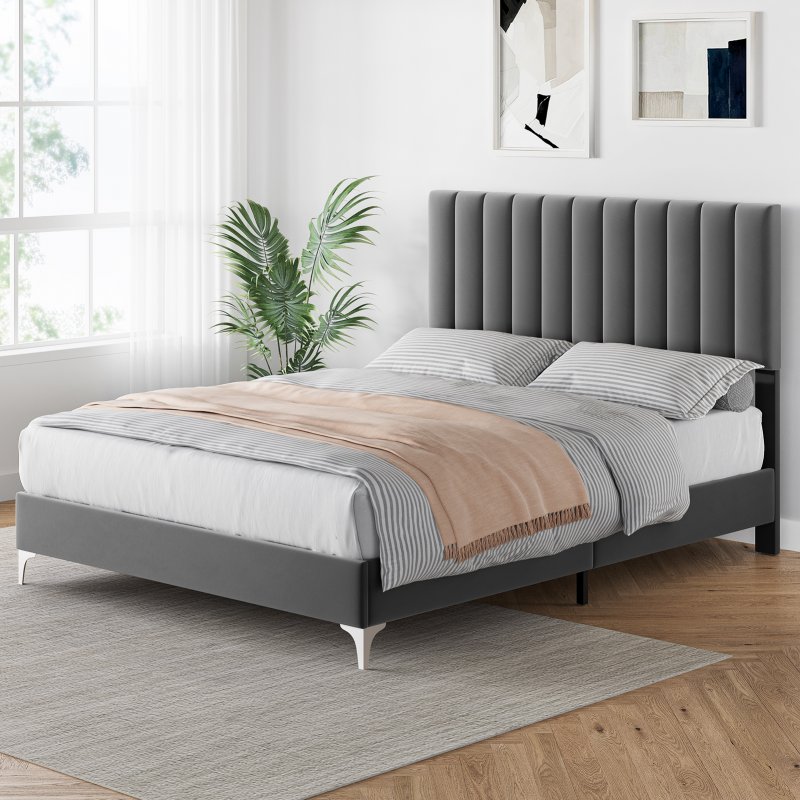 US GARVEE Base de Cama Queen Moderna tapizada de Terciopelo de 11 Pulgadas con cabecero, no Necesita somier (Queen (estándar de Estados Unidos))