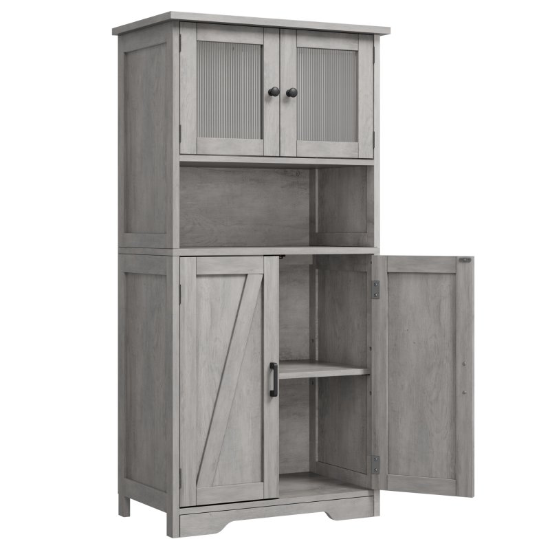US GARVEE Bathroom Kitchen Pantry Storage Cabinet with Glass Doors, Adjustable Shelves, MDF, Gray, Freestanding, Modern, Living Room - Grey