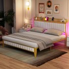 US GARVEE Bed Frame with Led Lights and Storage Headboard, Upholstered Platform Bed with Charging Station, Heavy Duty, No Box Spring Needed, Easy Assembly, Linen White, Queen Size