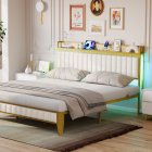 US GARVEE Bed Frame with Led Lights and Storage Headboard, Upholstered Platform Bed with Charging Station, Heavy Duty, No Box Spring Needed, Easy Assembly, Linen White, Full Size