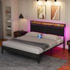 US GARVEE Bed Frame with Led Lights and Storage Headboard, Upholstered Platform Bed with Charging Station, Heavy Duty, No Box Spring Needed, Easy Assembly, Leather Black, Full Size