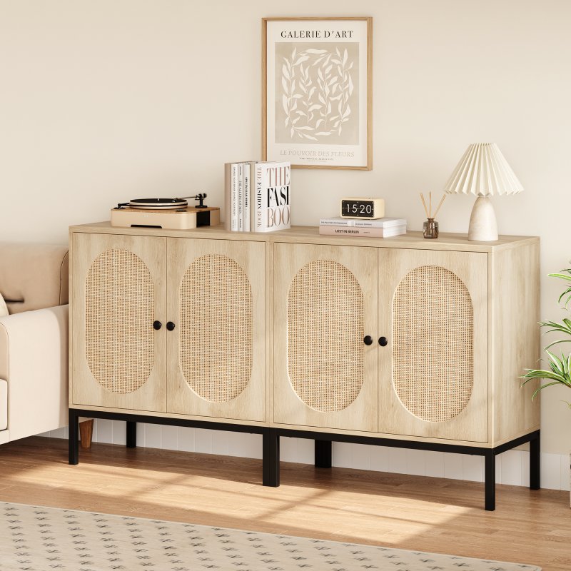 US GARVEE Buffet Cabinet with Rattan Doors and Shelves, Wood Console Cabinet, Adjustable Shelves, Metal Handles, 29” L x 16” W x 34.6” H, Ideal for Living Room, Dining Room, Hallway