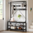US GARVEE Coat Rack Shoe Bench Industrial Hall Tree Storage Bench for Entryway, Wood Look Accent Large Shoe Rack Bench with Storage Shelf Hanging Bar and 8 Hooks Black 39.9