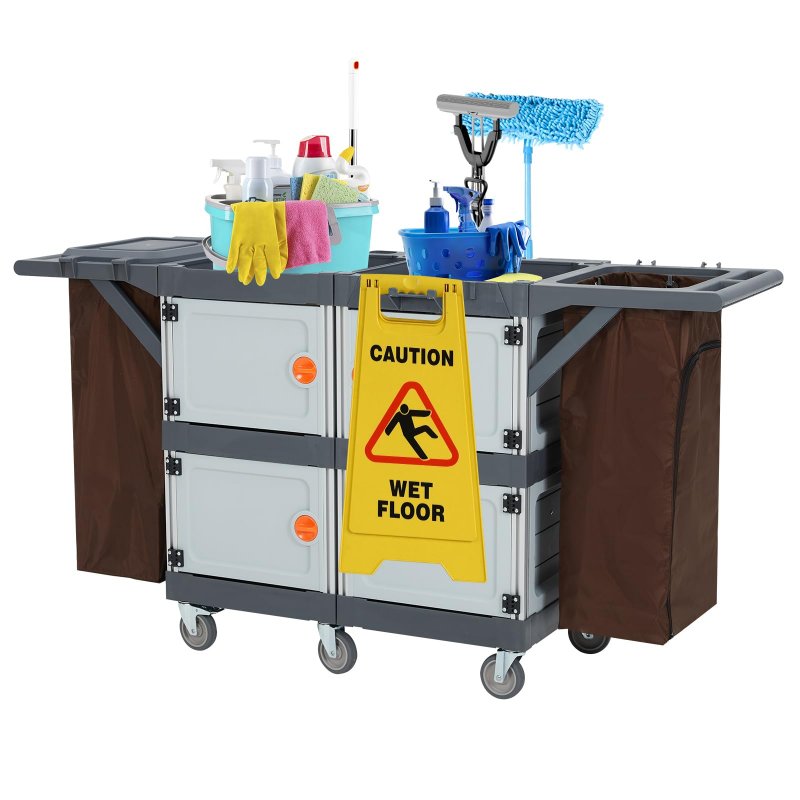 US GARVEE Commercial Janitorial Cart with 4 Cabinet Housekeeping Caddy Gray