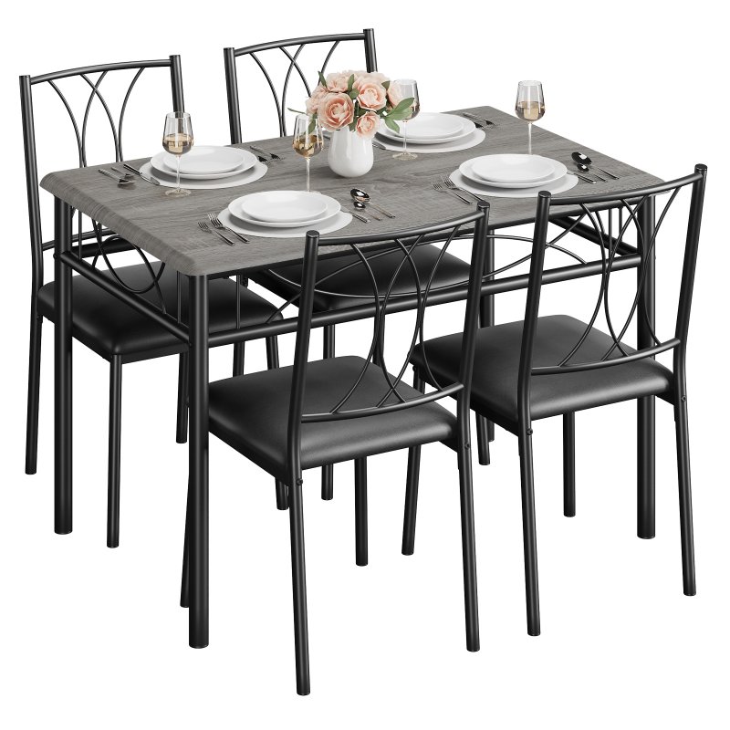 US GARVEE Dining Table Set 5 Pieces for 4, Solid Metal Frame, Upholstered Chairs, MDF Top, Space Saving, Retro Gray, Small Spaces, Apartment
