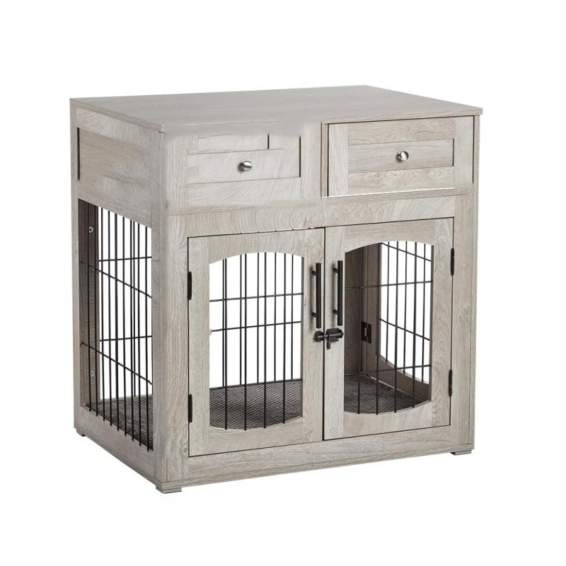 US GARVEE Dog Crate Furniture with Cushion Wooden Dog Crate Table 2 Drawers 3-Doors Dog Furniture