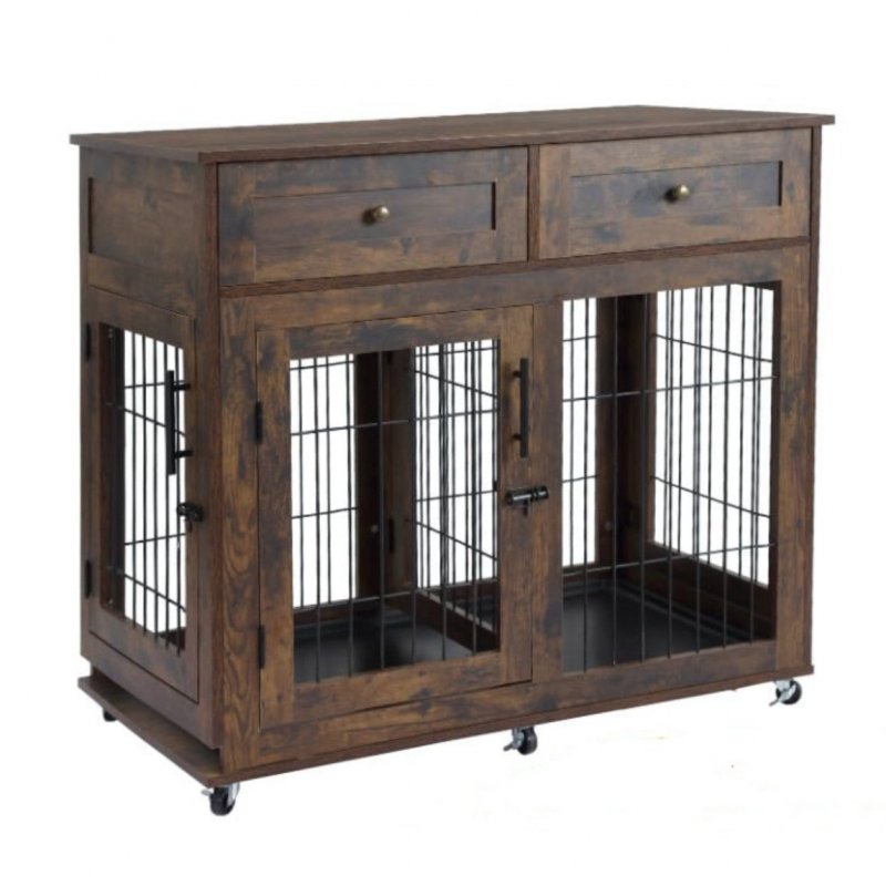 US GARVEE Dog Crate Furniture Wooden Dog Kennel with Room Divider and Tray Double Rooms Dog Cage