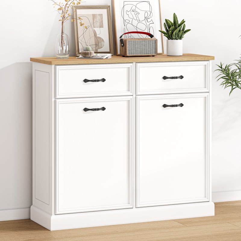 US GARVEE Double Tilt Out Trash Cabinet, Hidden Trash Can Cabinet 10 Gallon Storage Holder, Freestanding Garbage Can Cabinet for Kitchen Dining Living Room