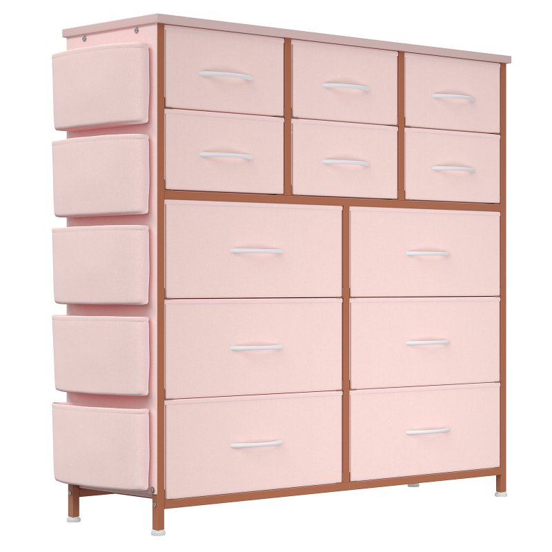 US GARVEE Dresser for Bedroom with 12 Drawer, Entryway, Storage Organizer Unit with Fabric, Sturdy Metal Frame, Wood Tabletop, Easy Pull Handle - Pink