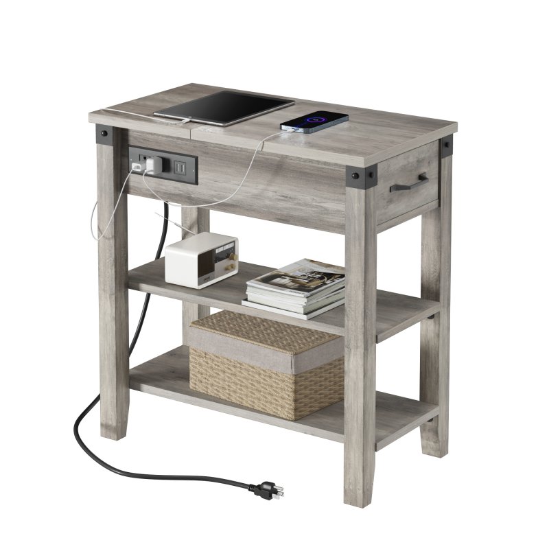 US GARVEE End Table with Charging Station, Narrow Side Table with Drawer and Storage End Table Wood Farmhouse Bed Side Table/Night Stand for Living Room Bedroom Office -Grey