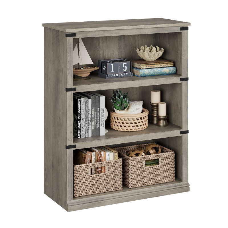 US GARVEE Farmhouse 3 Tier Bookcase, Open Shelves, MDF Wood, Rustic Grey, 43.3