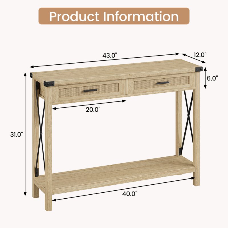US GARVEE Farmhouse Entryway Console Table with Rattan Drawers, 43