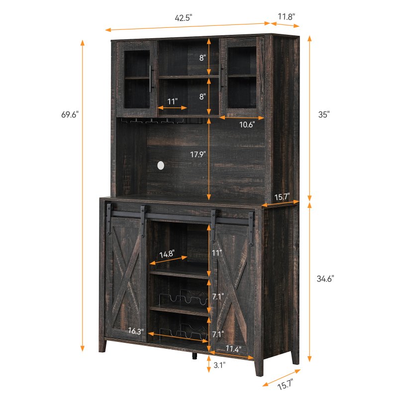 US GARVEE Farmhouse Wine Cabinet with Sliding Barn Door, 69-Inch Country Wine Cabinet with Wine Rack and Wine Glass Rack, Buffet, Storage Rack, Kitchen Sideboard, Dining Room - Dark Oak