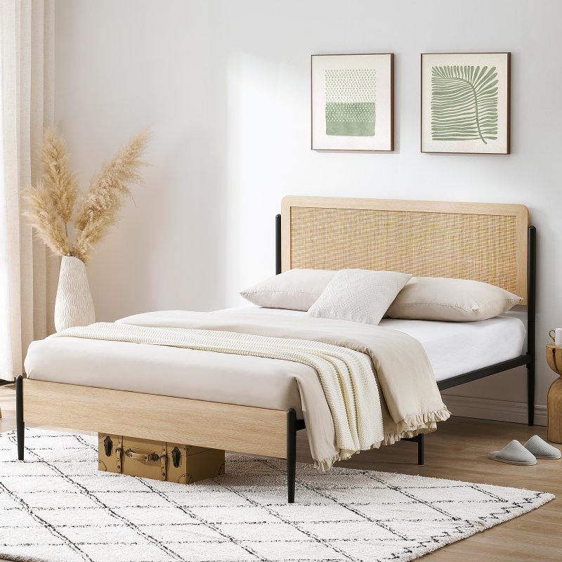 US GARVEE Full Bed Frame Metal Rattan Headboard Wood Tailboard Storage Space Platform Metal Slats Noiseless ,White Oak