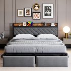 US GARVEE Full Bed Frame with RGB LED Lights Headboard & 2 Storage Drawers, Storage Headboard, Upholstered Platform Bed with USB Ports & Outlets, Noise Free, No Box Spring Needed, Grey