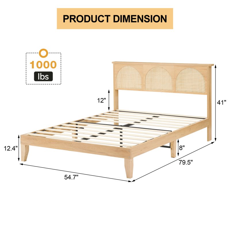 US GARVEE Full Bed Frame with Natural Rattan Headboard + LED Lights + Storage + Strong Wood Slats Support + No Box Spring Needed + Easy Assembly + Suitable for Various Bedroom Styles