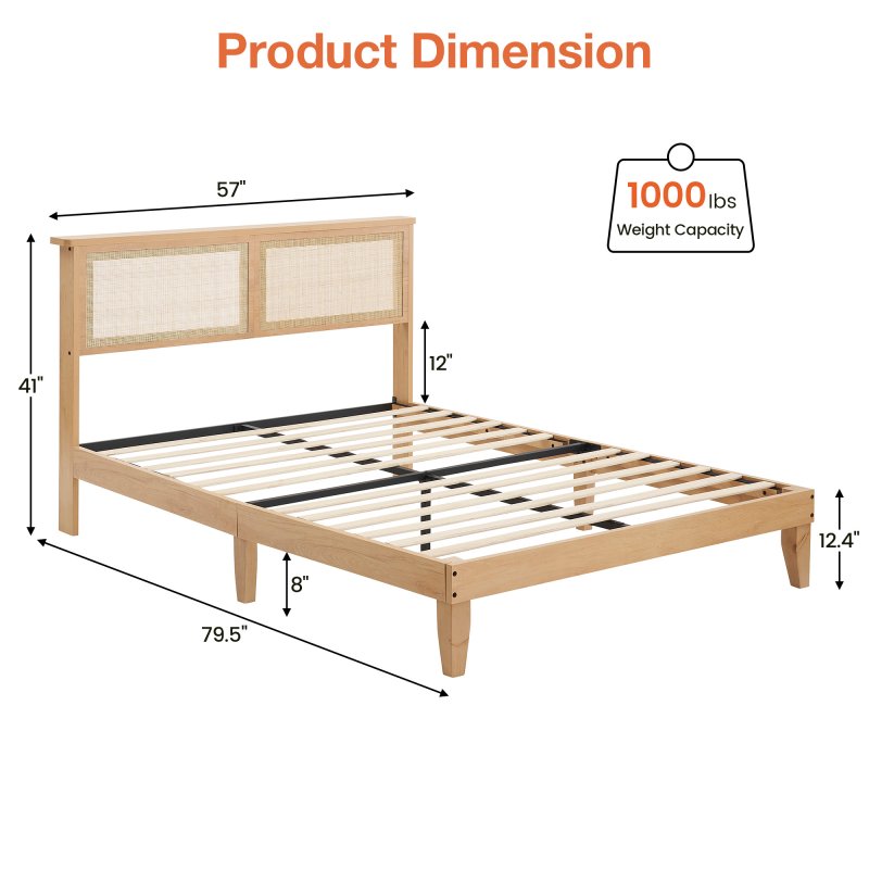 US GARVEE Full Bed Frame with Natural Rattan Headboard, LED Lights & Wooden Support Legs, No Box Spring Needed, Easy Assembly, Modern Design