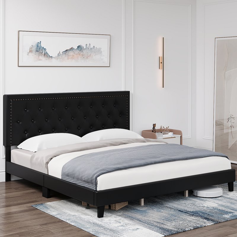 US GARVEE Full Size Bed Frame with Tufted Faux Leather Headboard, Upholstered Platform Bed with Adjustable Headboard, Wood Slat Support, No Box Spring Needed, Easy Assembly, Black
