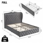 US GARVEE Full Size Bed Frame with 4 Storage Drawers & Charging Station, Velvet Upholstered, Tall Headboard, Wooden Slats, Light Grey