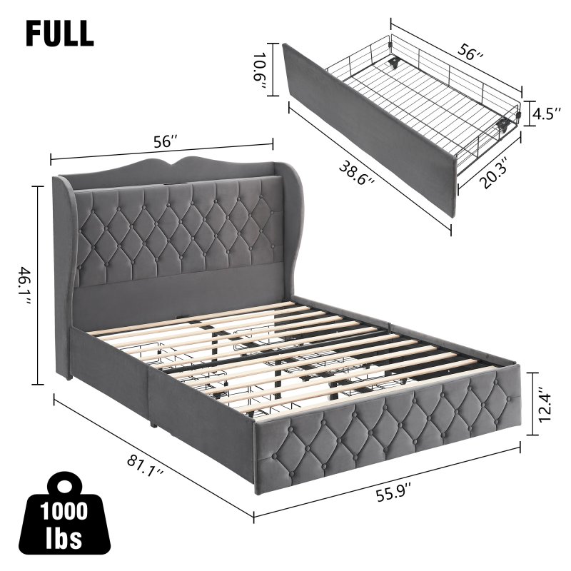 US GARVEE Full Size Bed Frame with 4 Storage Drawers & Charging Station, Velvet Upholstered, Tall Headboard, Wooden Slats, Light Grey