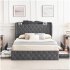 US GARVEE Full Size Bed Frame with 4 Storage Drawers   Charging Station  Velvet Upholstered  Tall Headboard  Wooden Slats  Light Grey