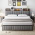 US GARVEE Full Size Bed Frame with Shelf Headboard and Charging Station  Industrial Upholstered Platform Bed with Outlets  Heavy Duty Metal Slats Support  No Bo