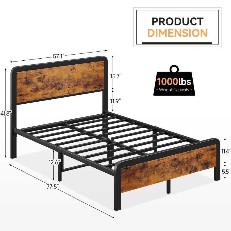 US GARVEE Full Size Bed Frame with Wood Headboard, Metal Platform, Strong Slats, Safe Rounded Corners, Noise Free, Vintage Brown