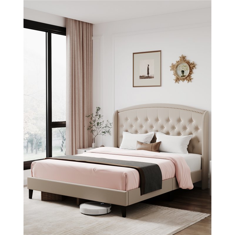 US GARVEE Full Size Upholstered Platform Bed Frame + Wingback Headboard + Button Tufted Design + Wood Slat Support + Easy Assembly + No Box Spring Needed + Off White