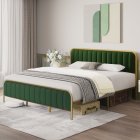 US GARVEE Full Size Velvet Upholstered Bed Frame with Headboard, Gold Frame, Wooden Slats, No Box Spring Needed, Green and Gold, Modern Design, Underneath Storage, Easy Assembly