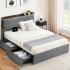 US GARVEE Full Size Velvet Bed Frame with Storage Drawers  Charging Station  Wooden Slats  No Box Spring Needed  Ideal for Bedrooms